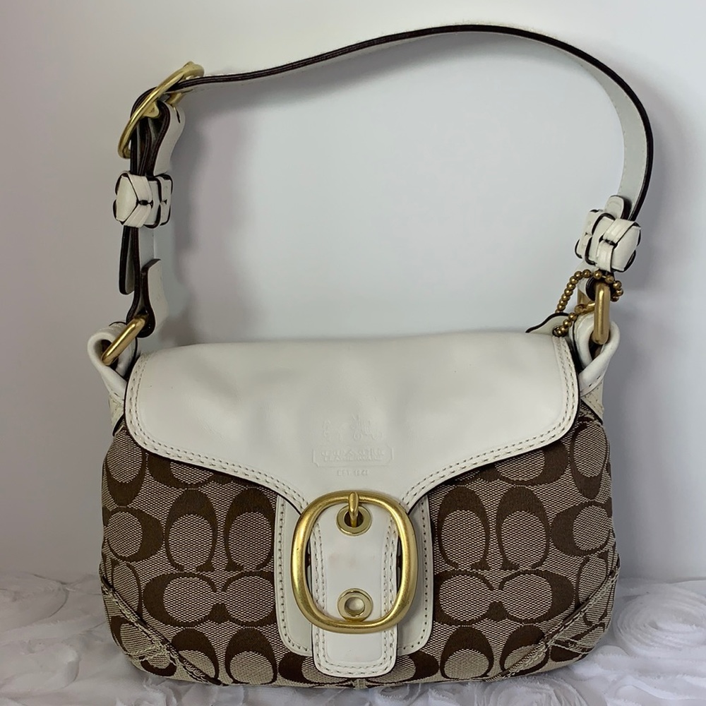 Coach Bleecker Vintage Small Signature Buckle Flap Bag White/Gold/Tan